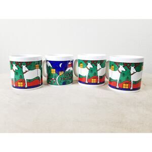 Christmas Coffee Mug Teacup 10oz Holiday 3 1/2" Drinkware 90s FPC England x4 Vtg